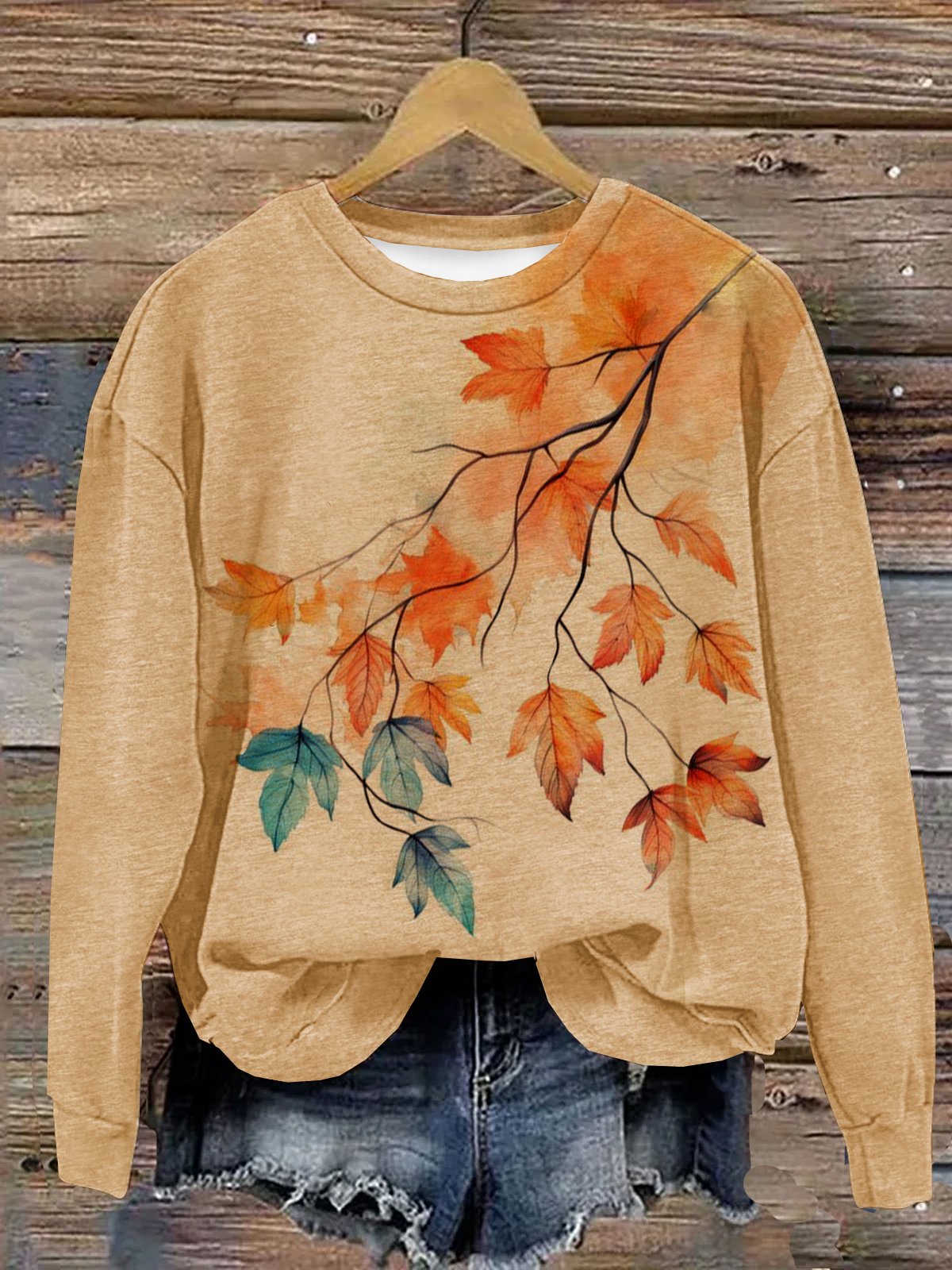 Crew Neck Maple Leaf Loose Casual Sweatshirt