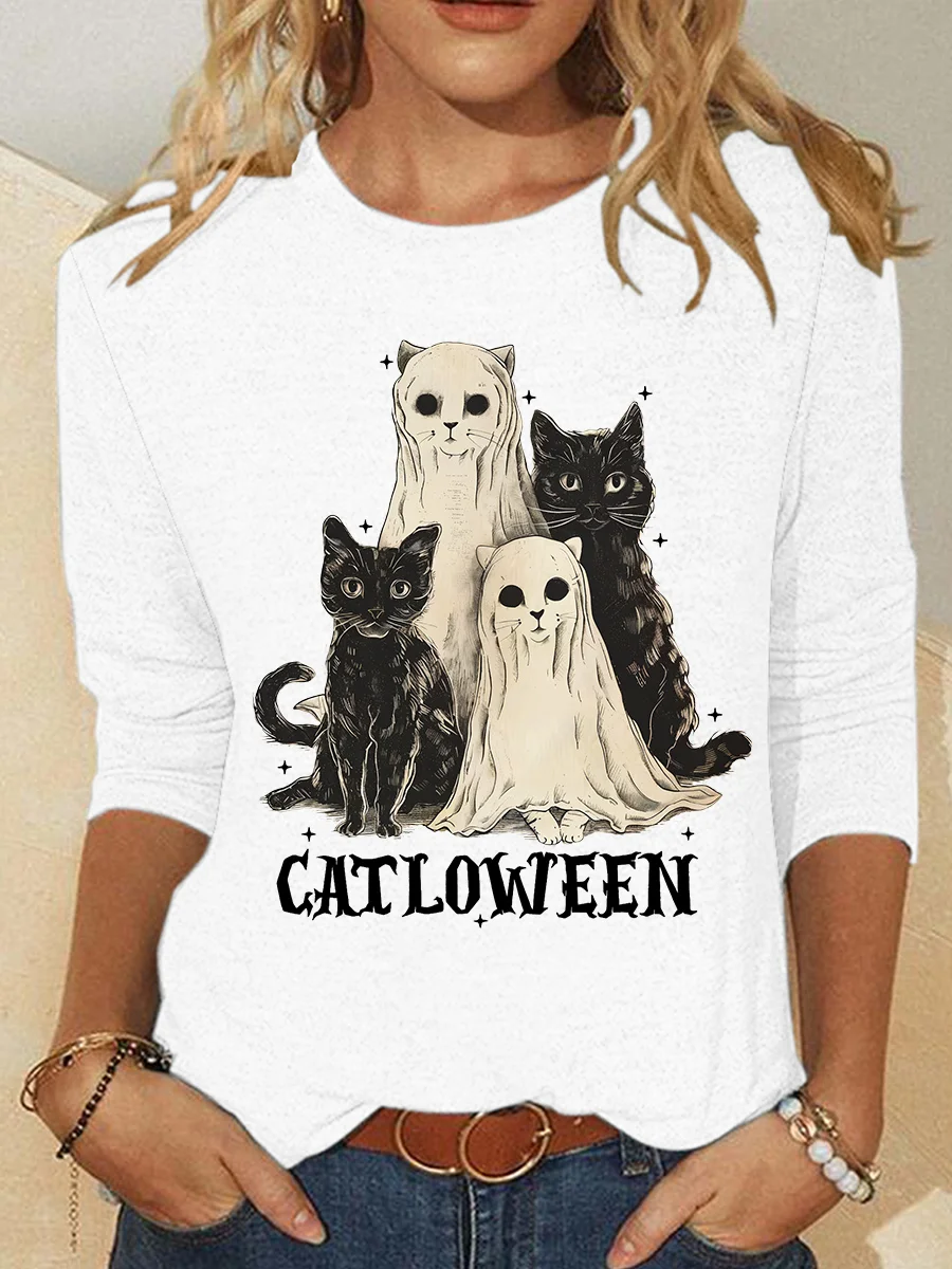 Catloween Funny Halloween Casual Long Sleeve Shirt
