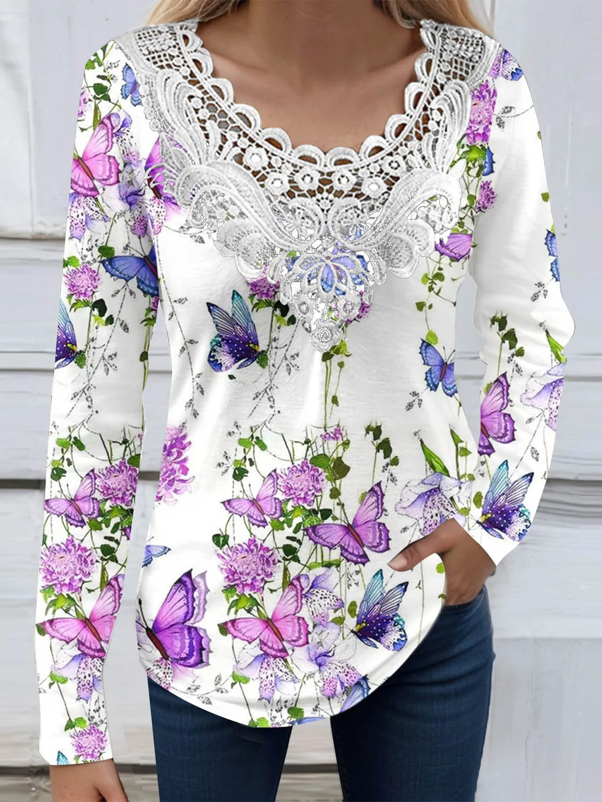 Lace Jersey Casual Blouse