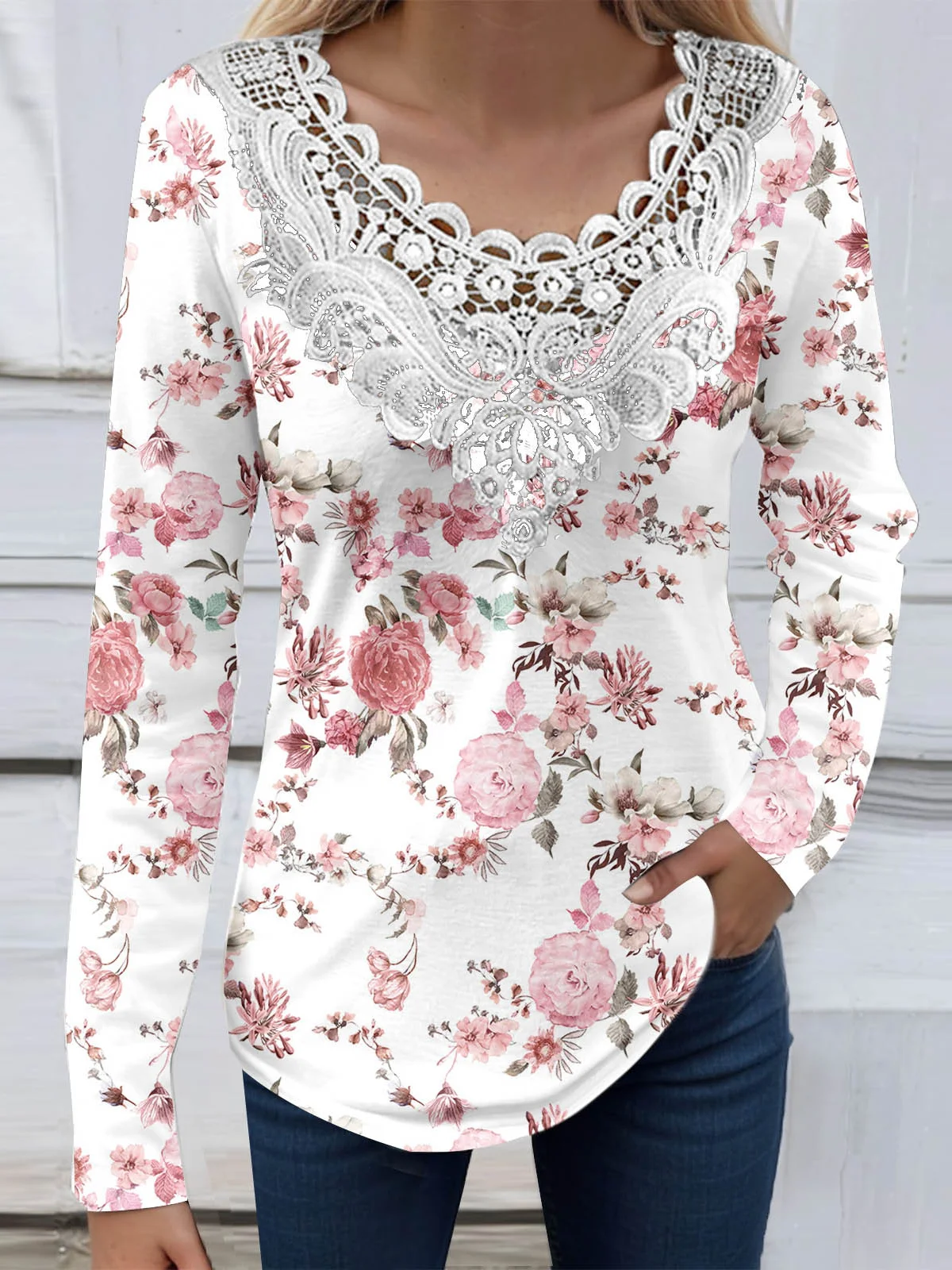 Lace Jersey Casual Blouse