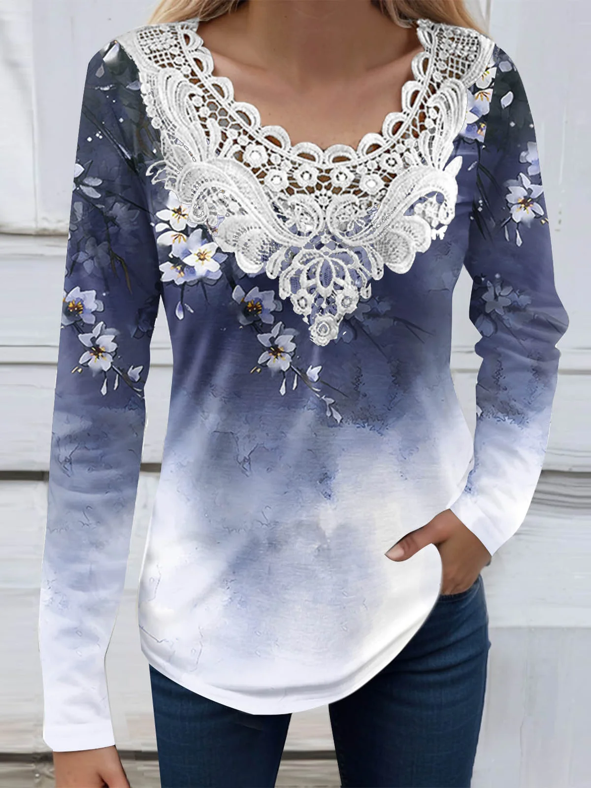 Lace Jersey Casual Blouse