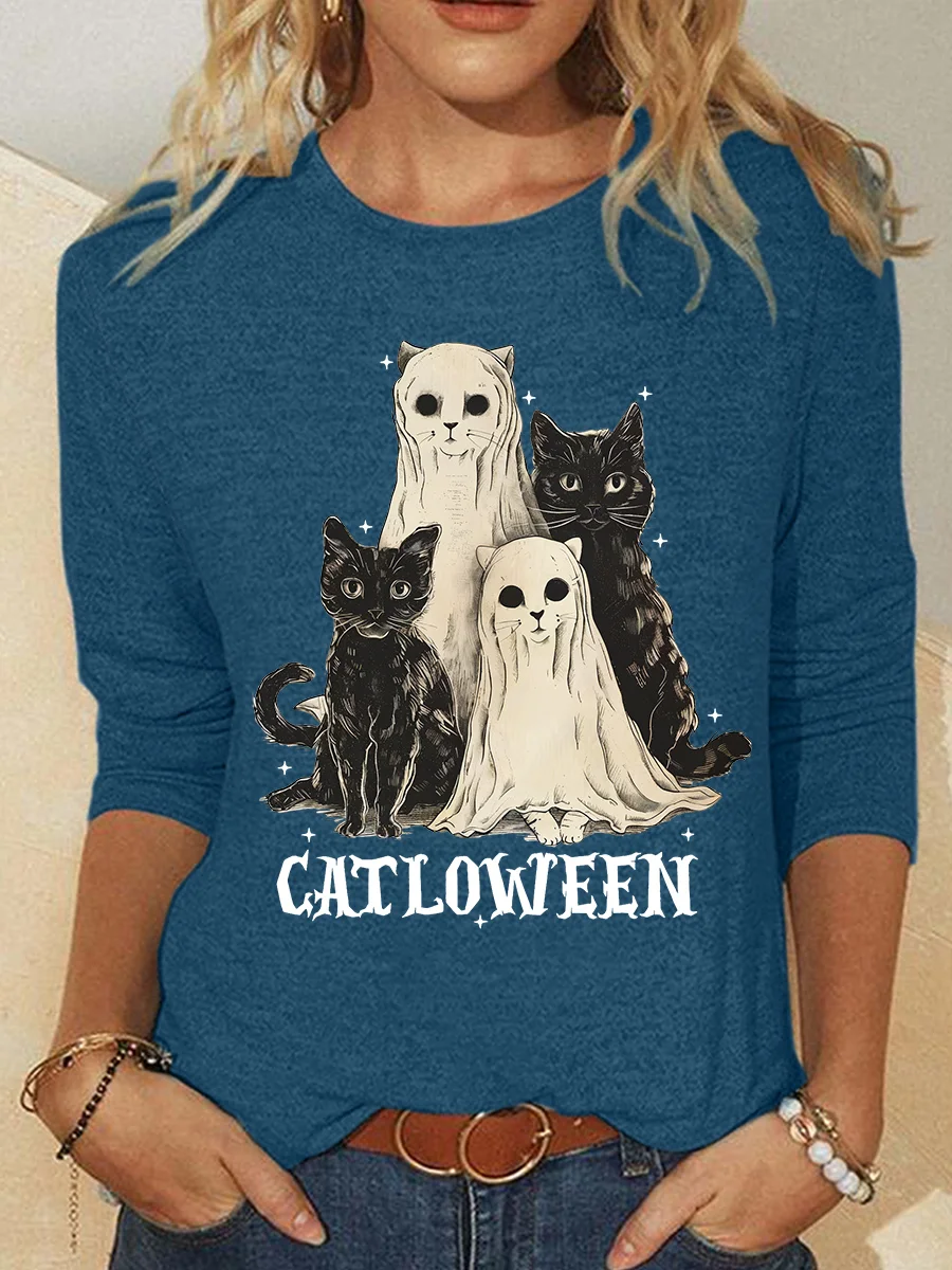 Catloween Funny Halloween Casual Long Sleeve Shirt