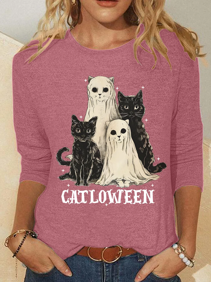 Catloween Funny Halloween Casual Long Sleeve Shirt