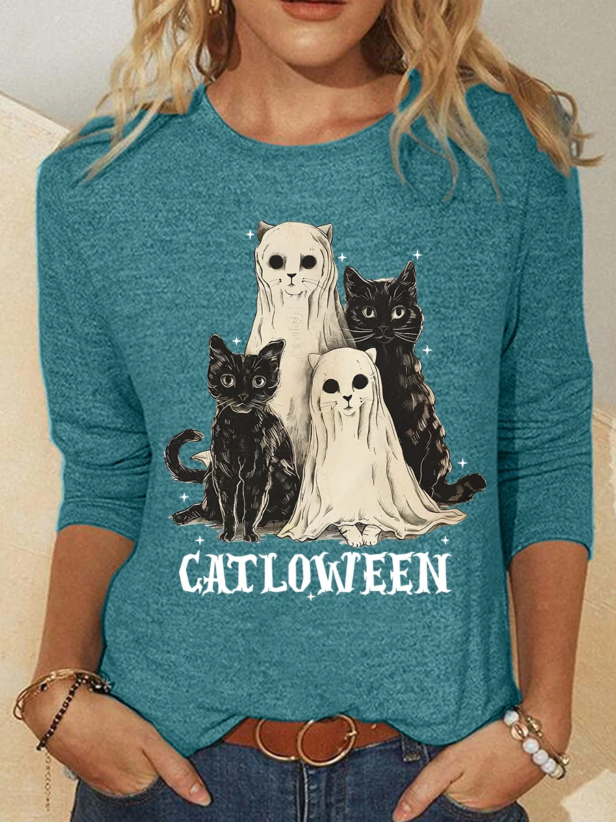 Catloween Funny Halloween Casual Long Sleeve Shirt
