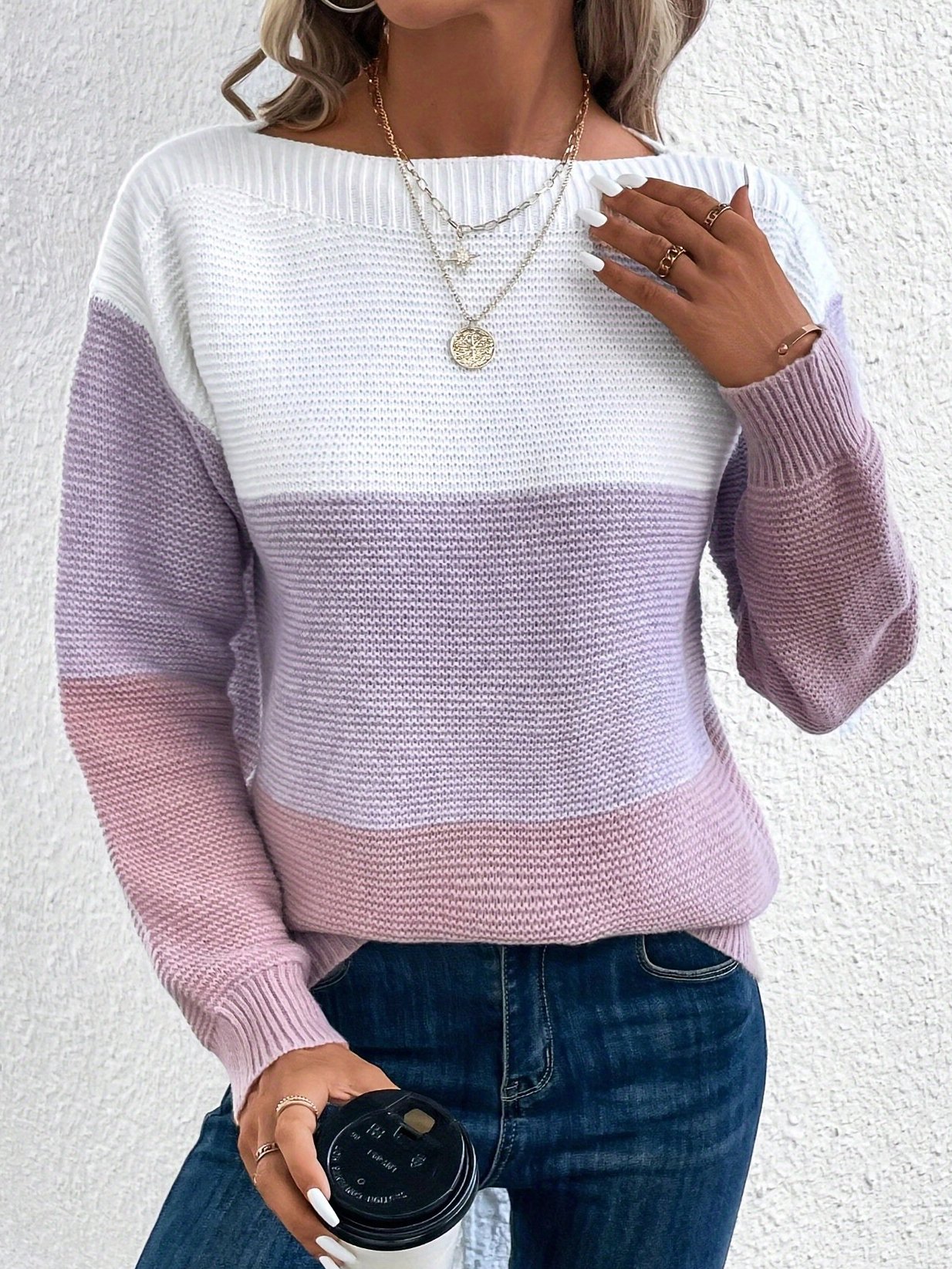 Off The Shoulder Casual Yarn/Wool Yarn Contrast Stitching Sweater