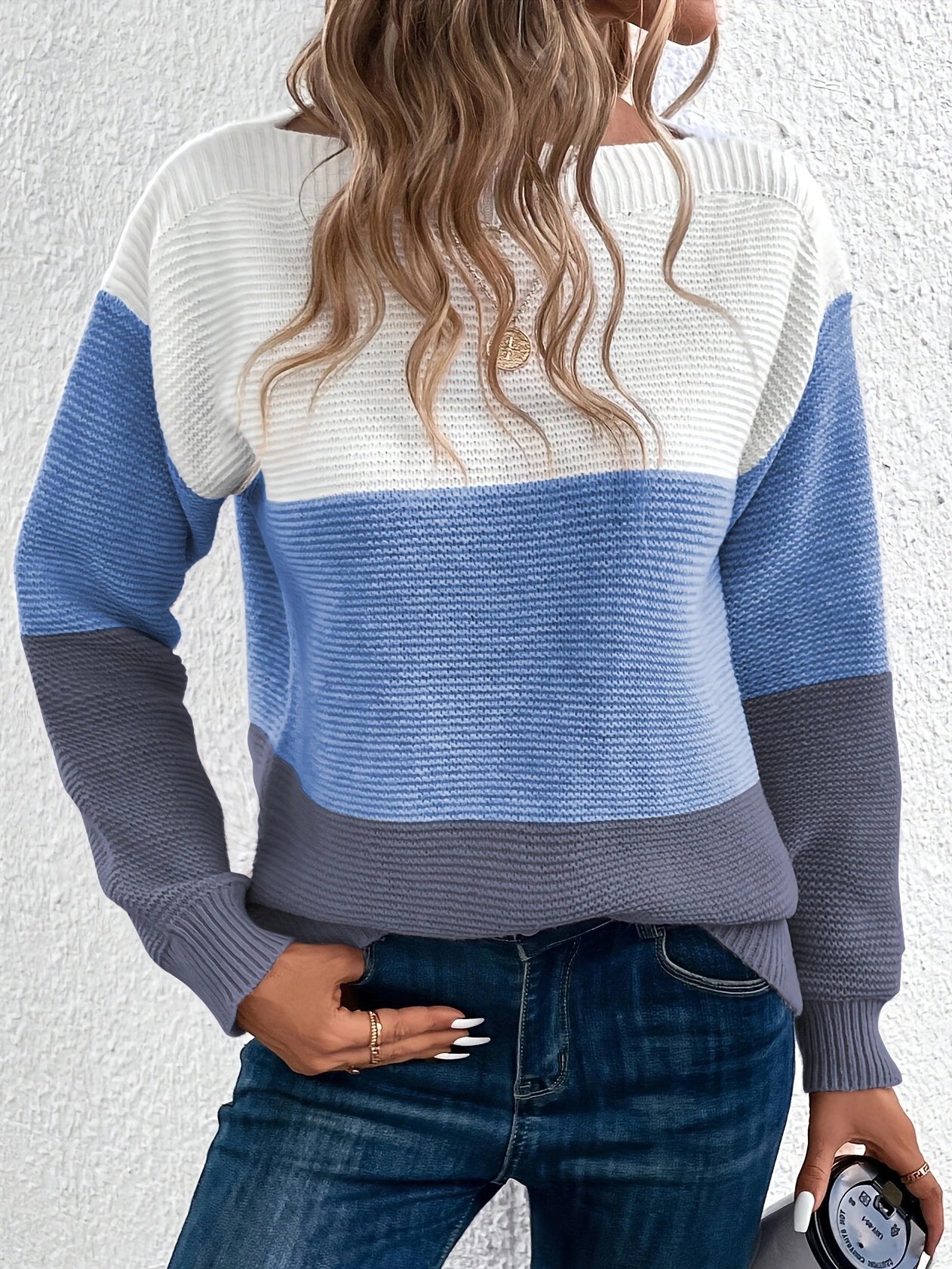 Off The Shoulder Casual Yarn/Wool Yarn Contrast Stitching Sweater