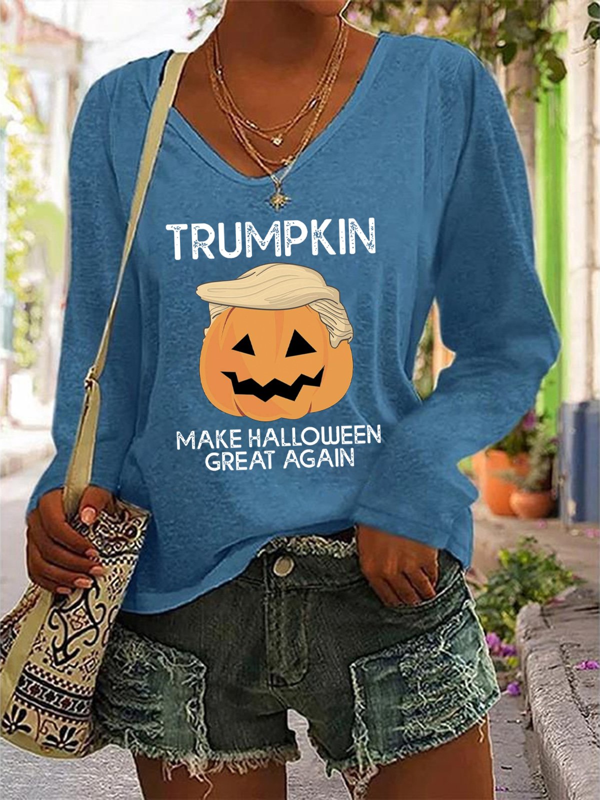 Make Halloween Great Again Casual V-Neck Long Sleeve Shirt