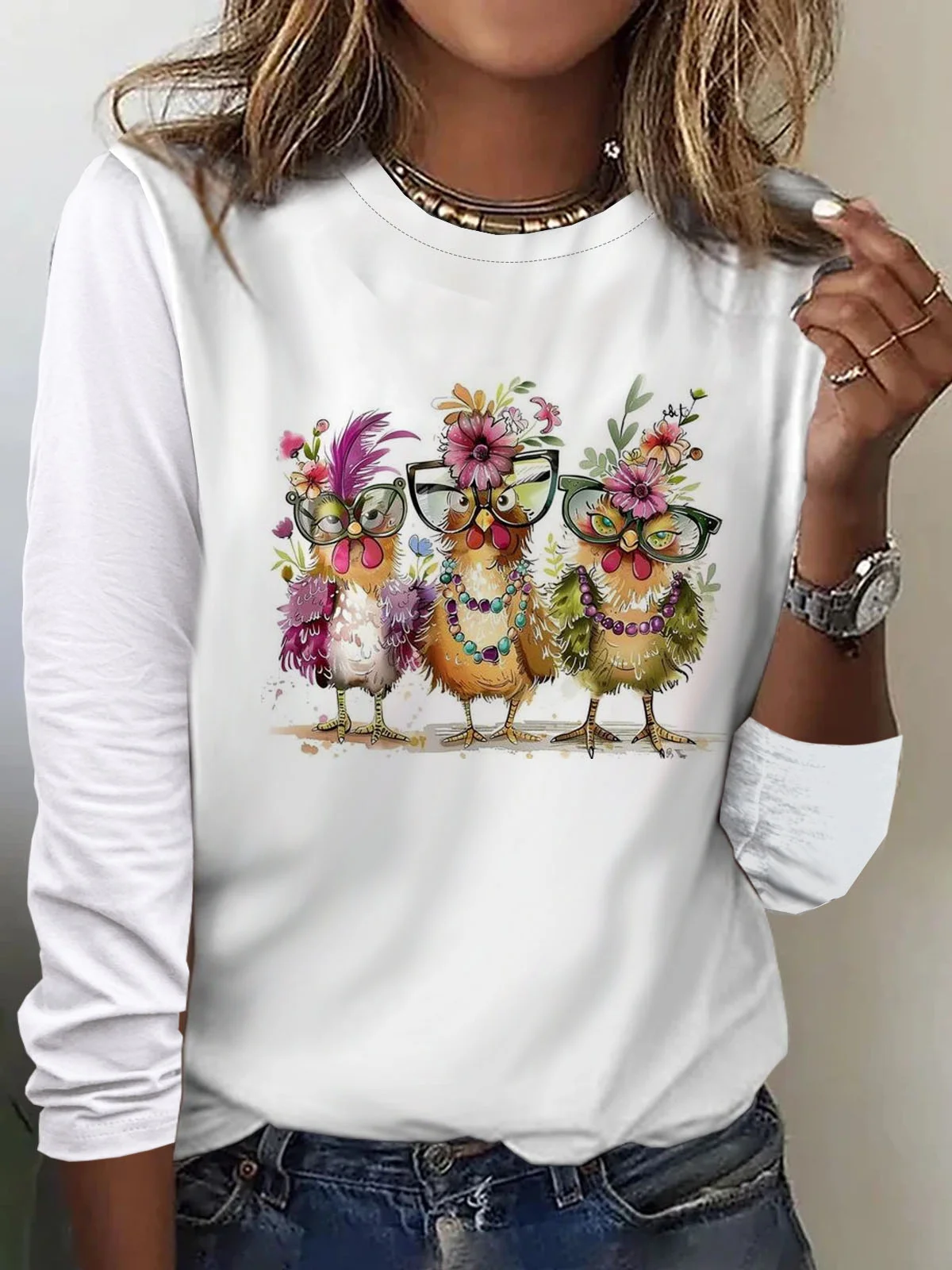 Funny Chicken Printed Casual Crew Neck Long Sleeve T-Shirt