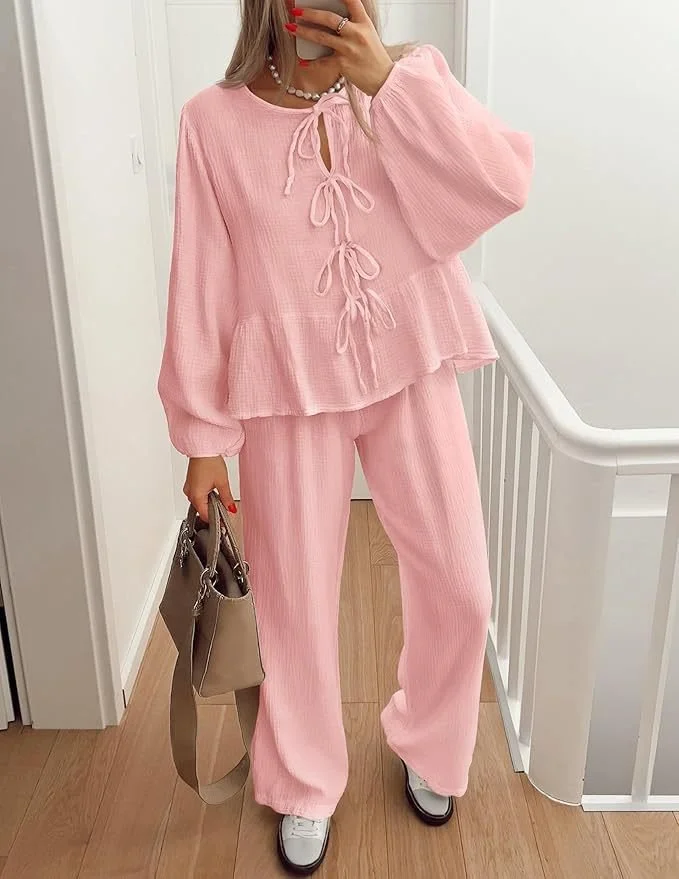 Women's Bow Plain Daily Going Out Two-Piece Set Apricot Casual Spring/Fall Top With Pants Matching Set