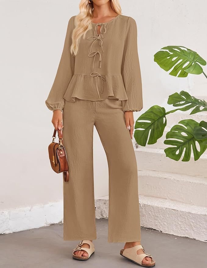 Women's Bow Plain Daily Going Out Two-Piece Set Apricot Casual Spring/Fall Top With Pants Matching Set