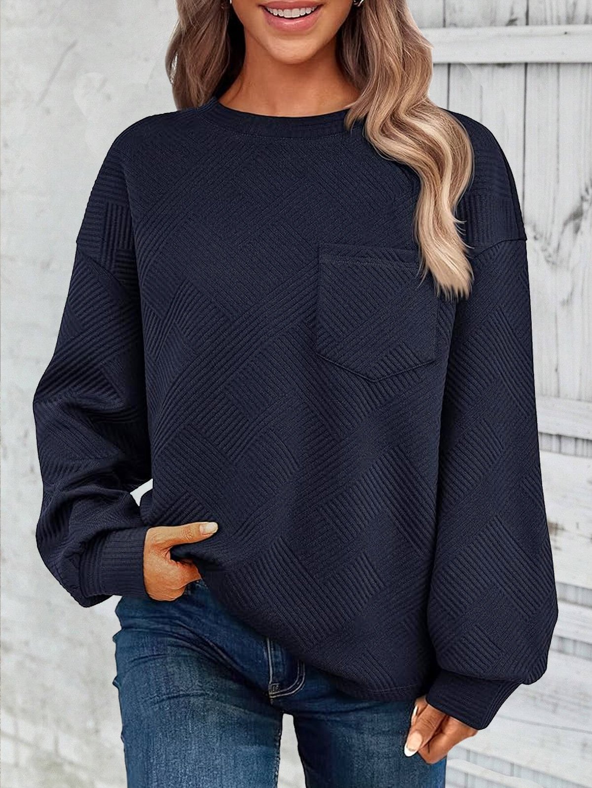 Casual Jacquard Plain Sweatshirt