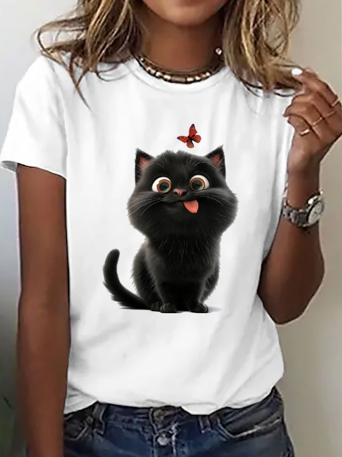 Crew Neck Loose Cat Casual T-Shirt