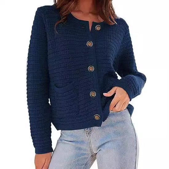 Buckle Crew Neck Casual Wool/Knitting Cardigan