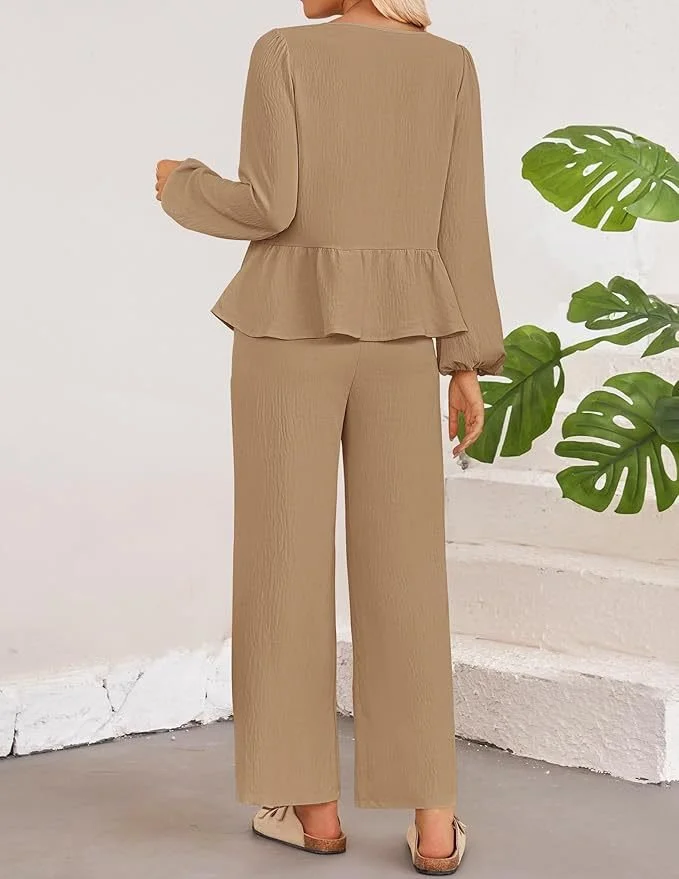 Women's Bow Plain Daily Going Out Two-Piece Set Apricot Casual Spring/Fall Top With Pants Matching Set