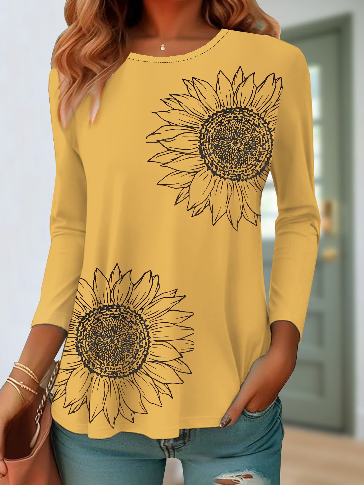 Floral printed round neck casual women's T-shirt