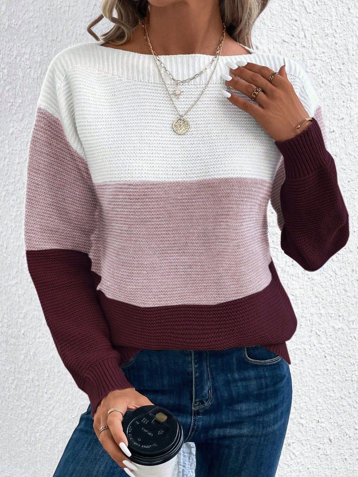 Off The Shoulder Casual Yarn/Wool Yarn Contrast Stitching Sweater