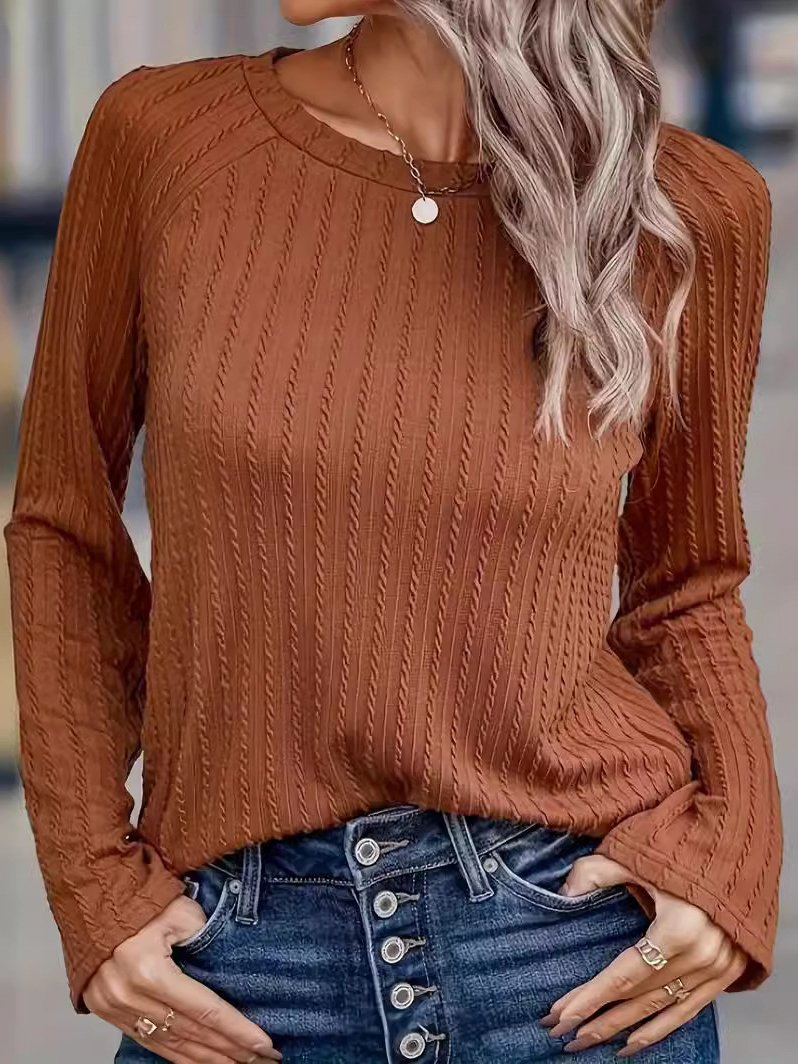 Women's Long Sleeve Plain Knitted Crew Neck Casual Top