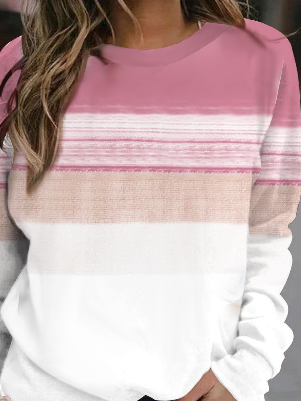 Pink geometric print women's casual long sleeved round neck pullover sweatshirt