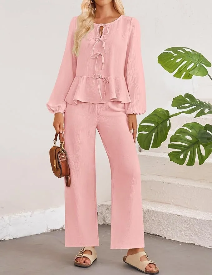 Women's Bow Plain Daily Going Out Two-Piece Set Apricot Casual Spring/Fall Top With Pants Matching Set