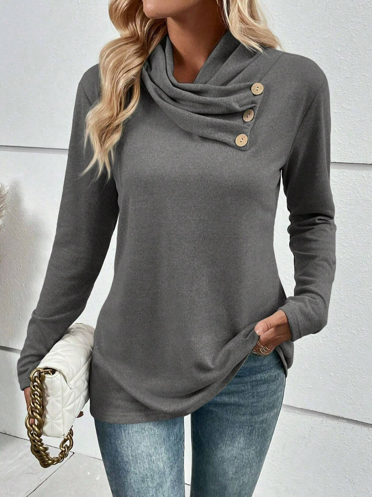 Plain Casual Button Cross Collar Top For Women