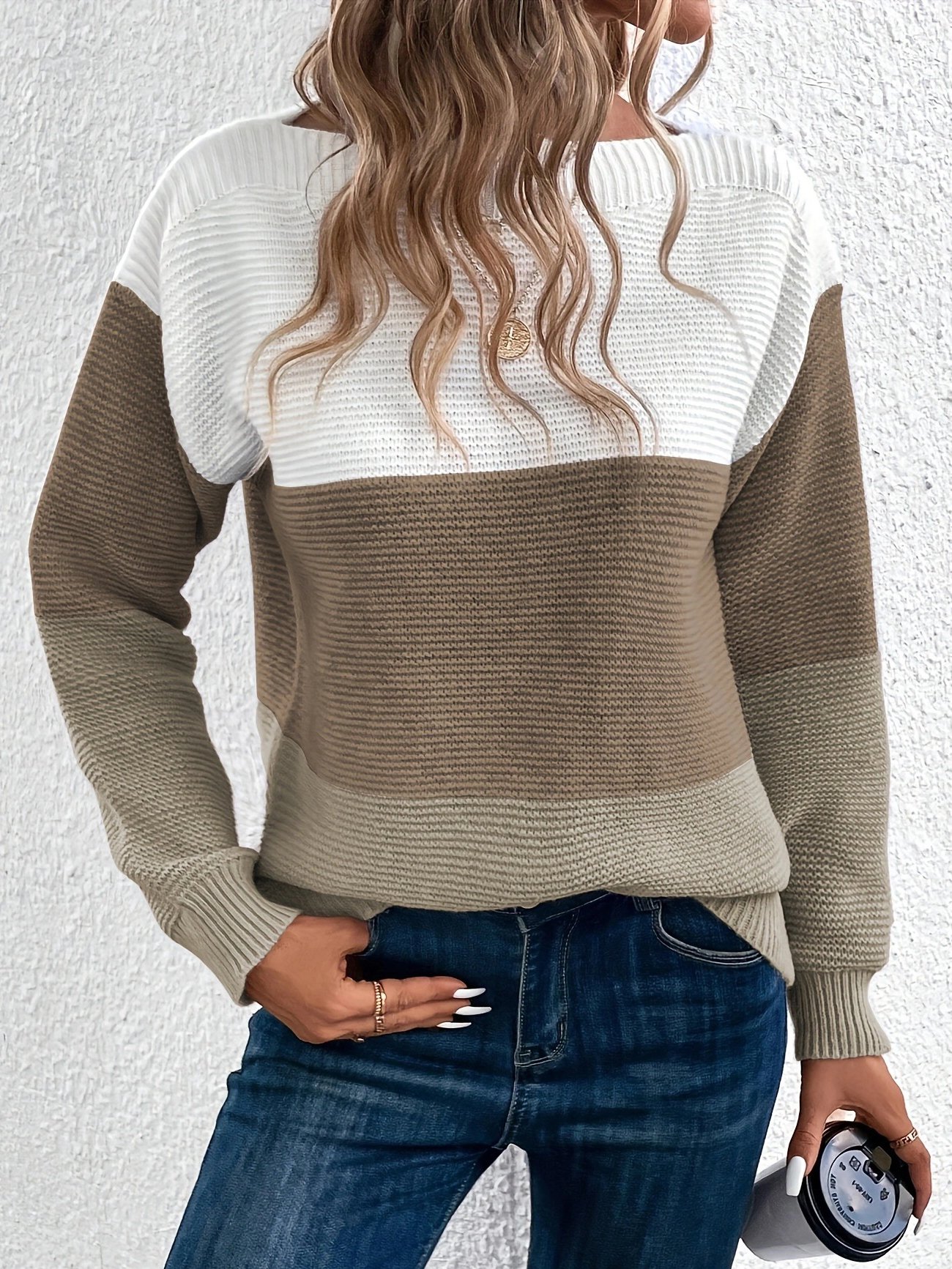 Off The Shoulder Casual Yarn/Wool Yarn Contrast Stitching Sweater