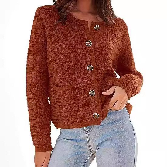 Buckle Crew Neck Casual Wool/Knitting Cardigan