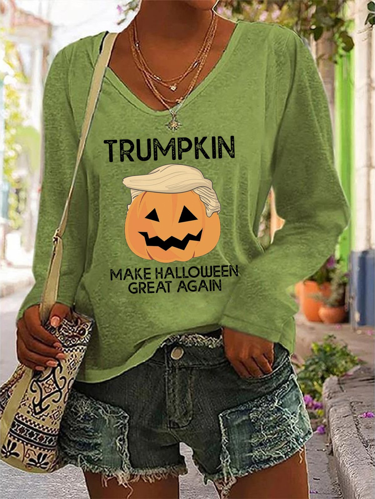 Make Halloween Great Again Casual V-Neck Long Sleeve Shirt