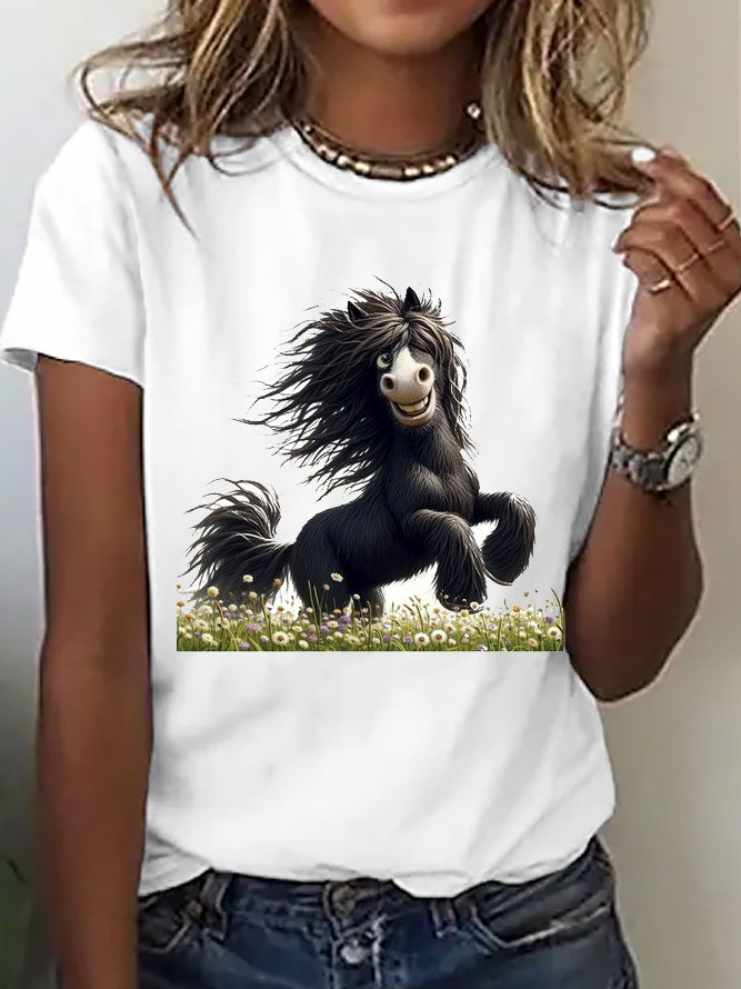 Cotton Casual Horse Crew Neck T-Shirt