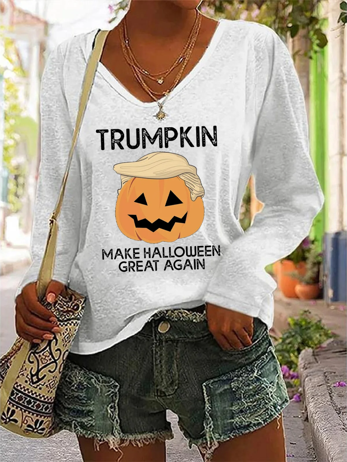 Make Halloween Great Again Casual V-Neck Long Sleeve Shirt