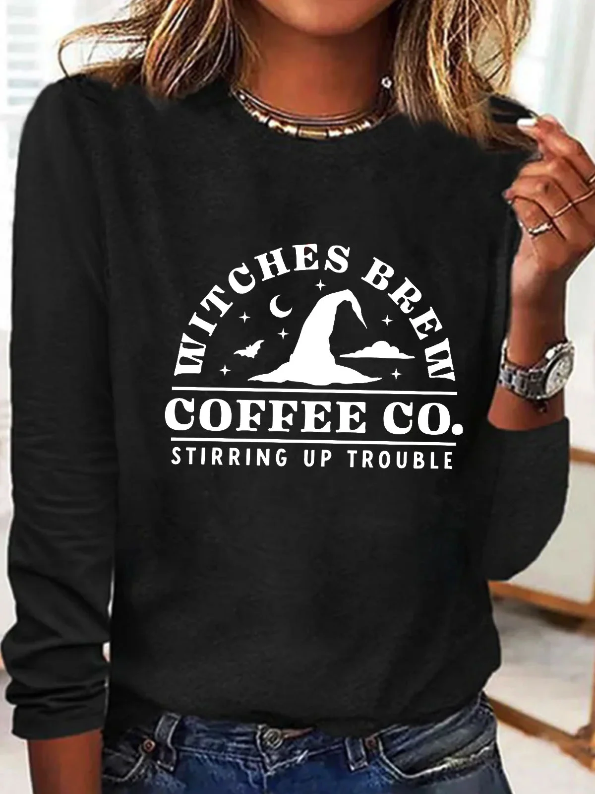 Halloween text letter round neck casual women's long sleeved T-shirt