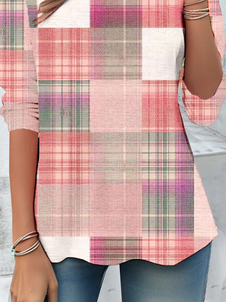 Casual Crew Neck Plaid T-Shirt