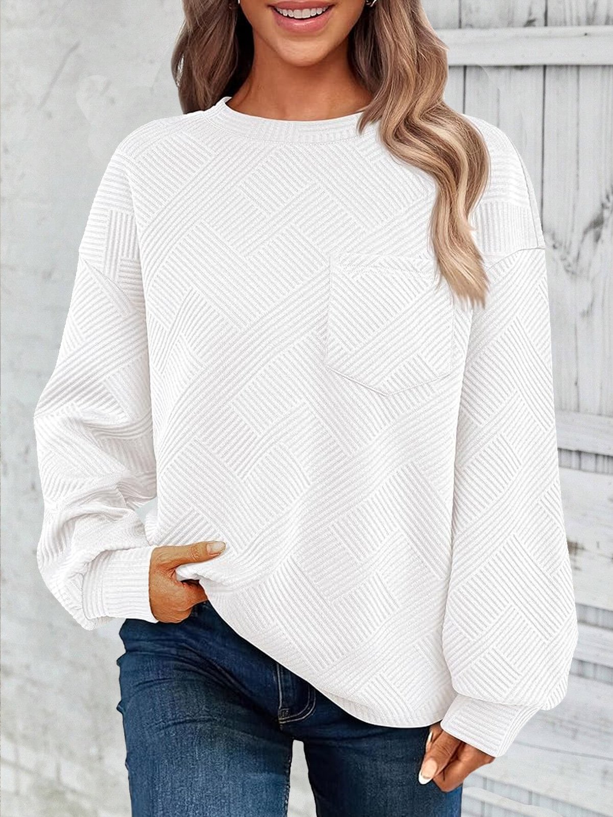 Casual Jacquard Plain Sweatshirt