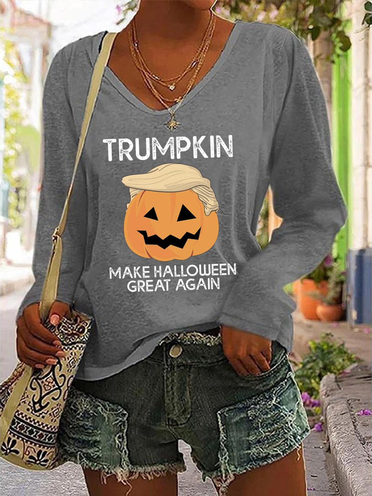 Make Halloween Great Again Casual V-Neck Long Sleeve Shirt