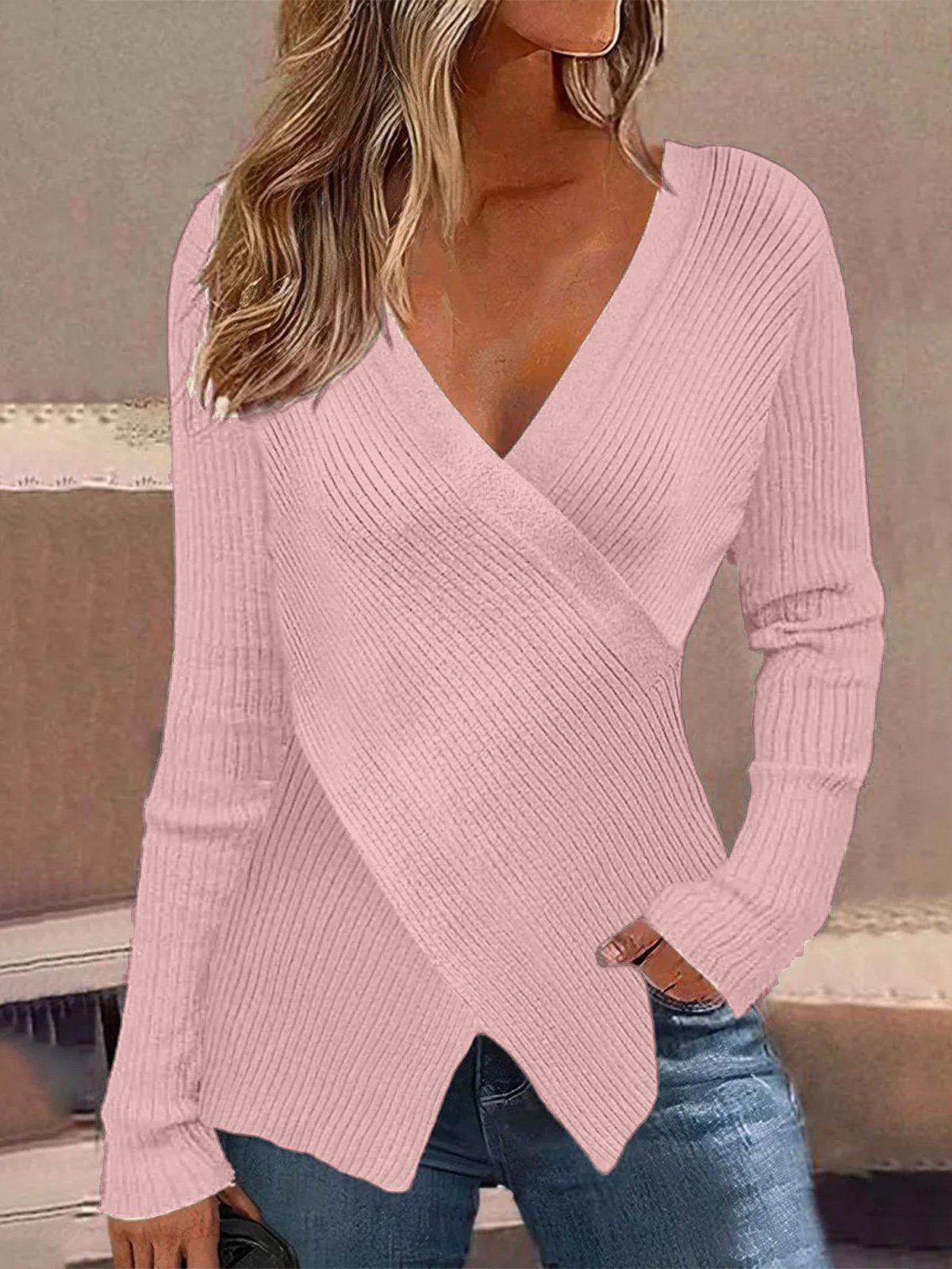 Cross Neck Plain Cross Casual Sweater