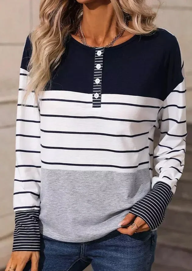 Casual Loose Crew Neck Striped Blouse