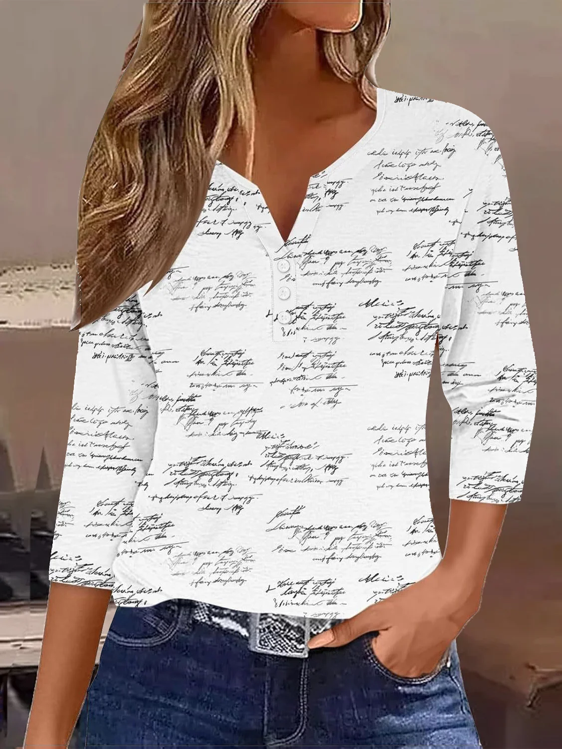 Abstract Graphic Casual Notched Buttoned T-Shirt