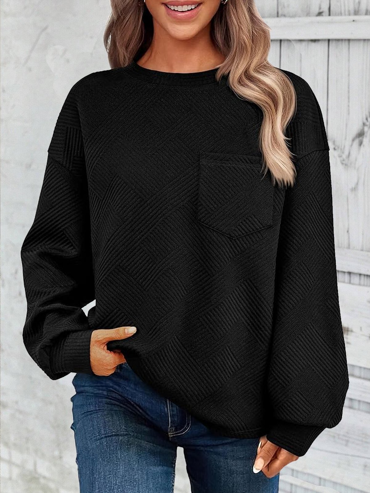 Casual Jacquard Plain Sweatshirt