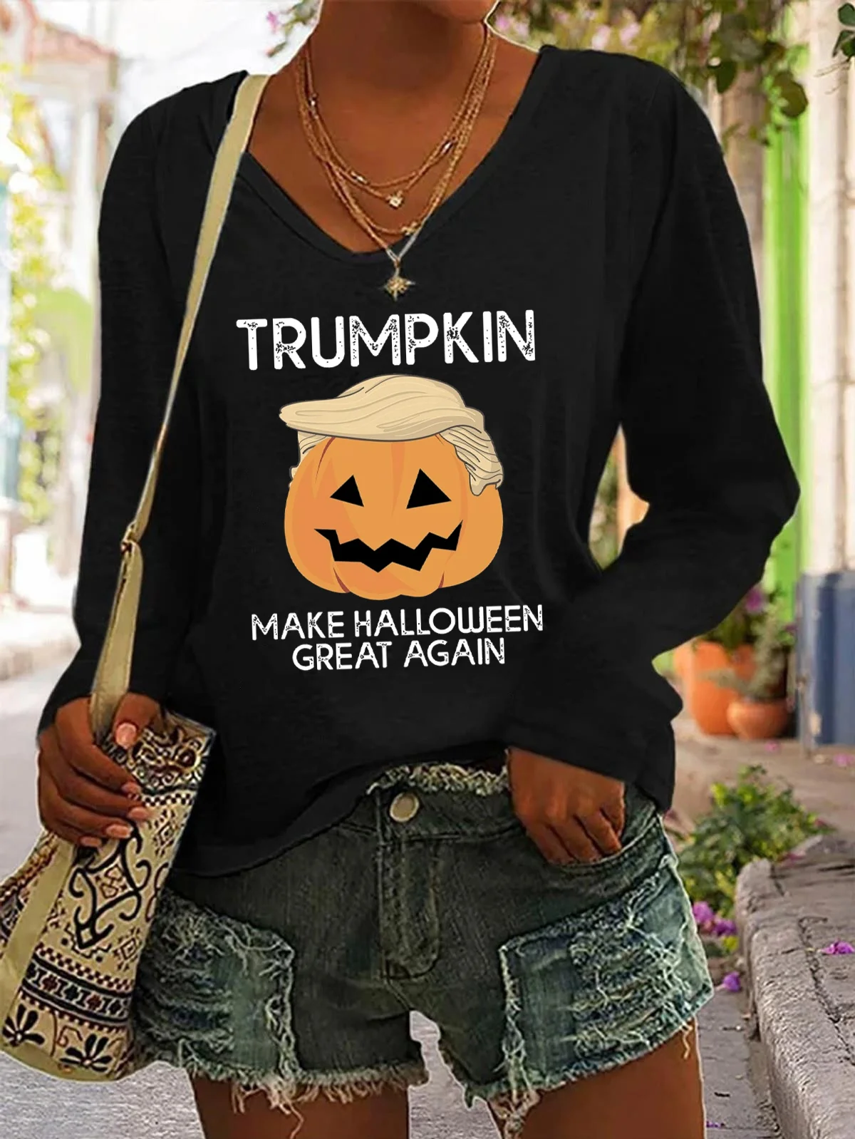 Make Halloween Great Again Casual V-Neck Long Sleeve Shirt