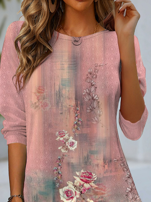 Women's Long Sleeve T-shirt Spring/Fall Pink Floral Jersey Crew Neck Daily Going Out Casual Top