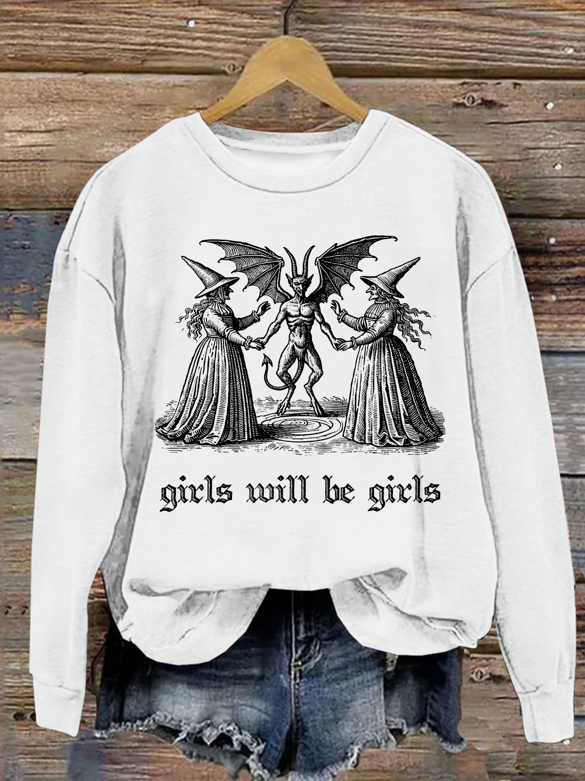 Girls Will Be Girls Witch Vintage Halloween Loose Casual Crew Neck Cotton Sweatshirt