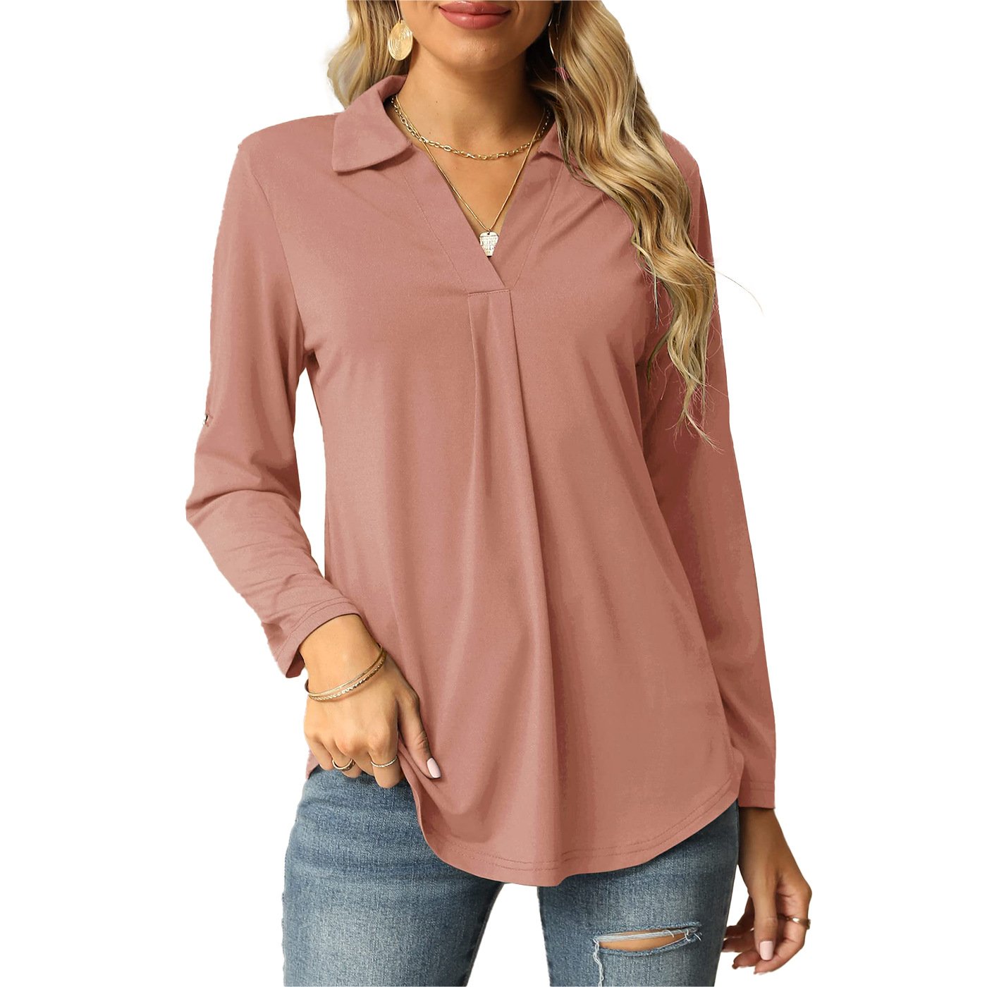 Women's Long Sleeve Blouse Spring/Fall Pink Plain Shirt Collar Daily Going Out Casual Top