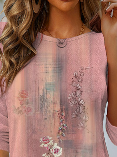 Women's Long Sleeve T-shirt Spring/Fall Pink Floral Jersey Crew Neck Daily Going Out Casual Top