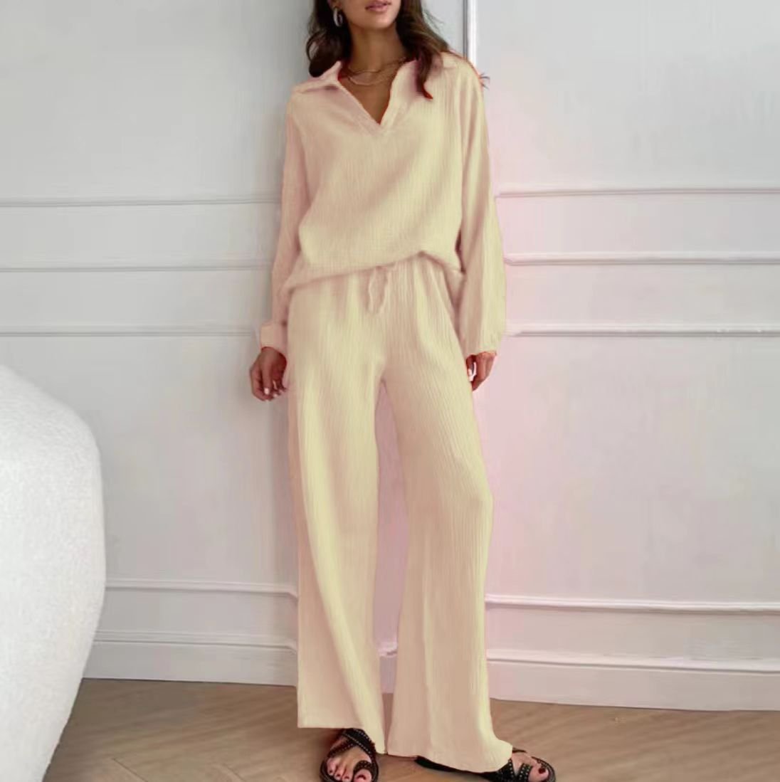 Women's Plain Daily Going Out Two-Piece Set White Casual Spring/Fall Top With Pants Matching Set