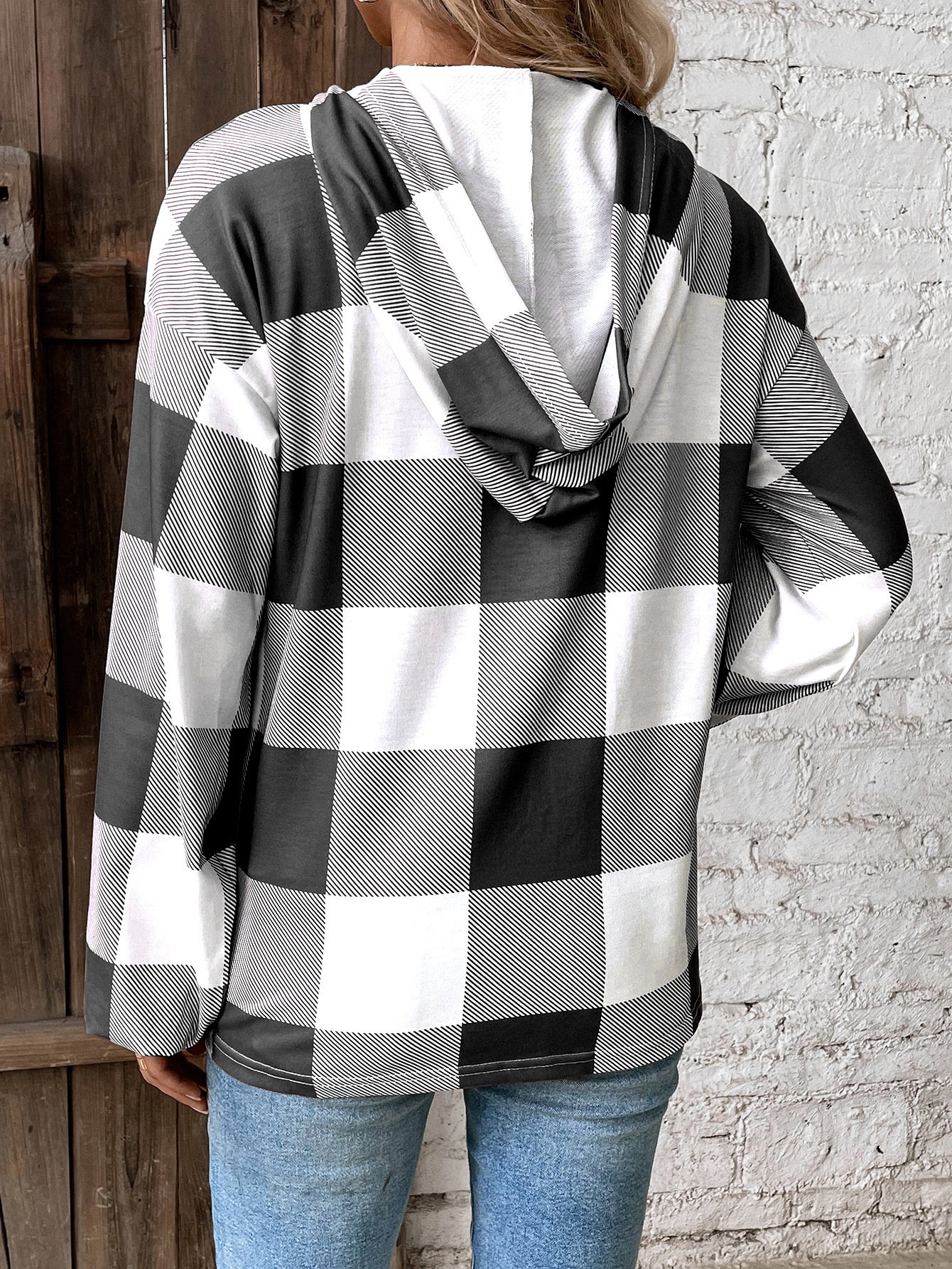 Casual Plaid Button Hooded Sweatshirt