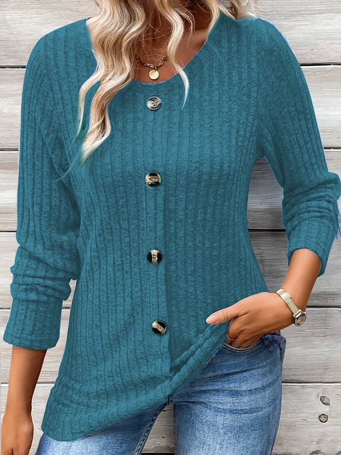 Women's Long Sleeve T-shirt Spring/Fall Blue Plain Buckle Crew Neck Daily Going Out Casual Top