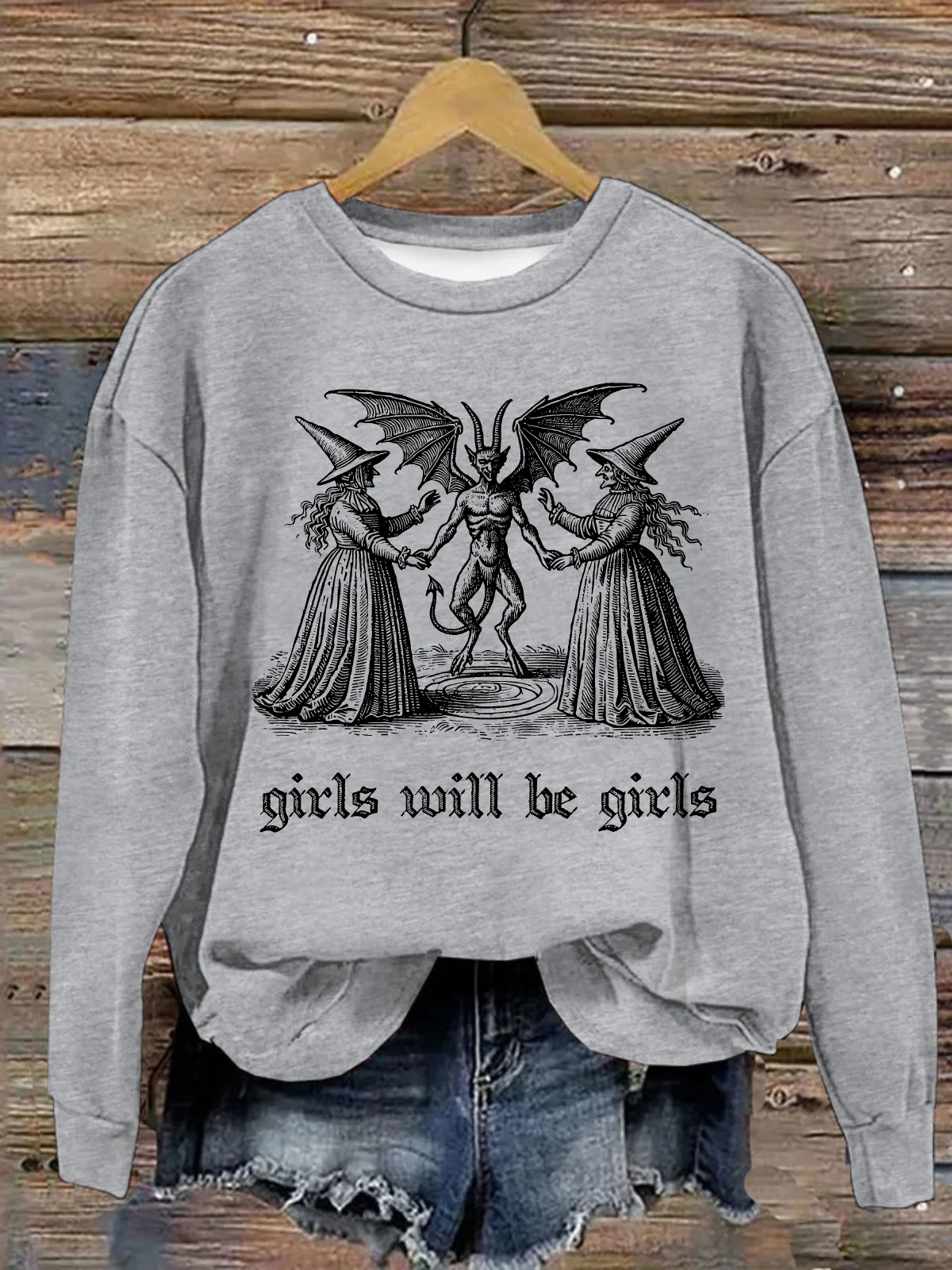 Girls Will Be Girls Witch Vintage Halloween Loose Casual Crew Neck Cotton Sweatshirt