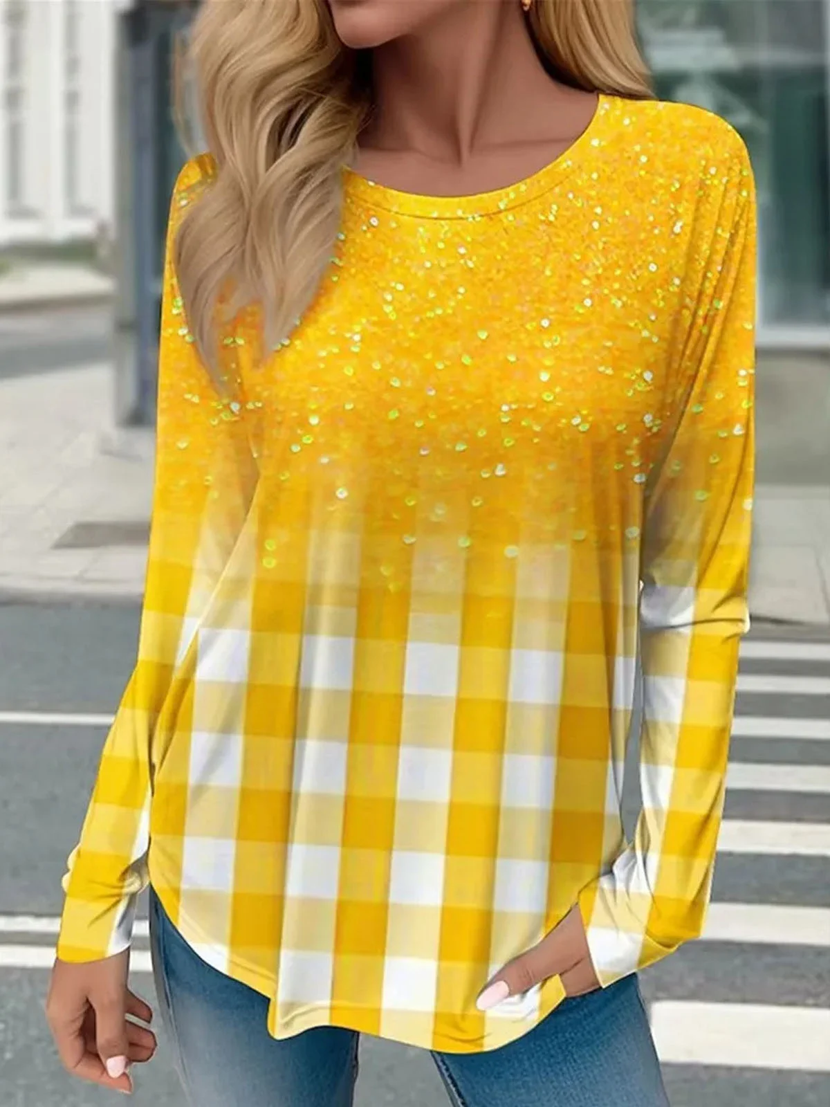 Plaid Printed Crew Neck Casual T-Shirt