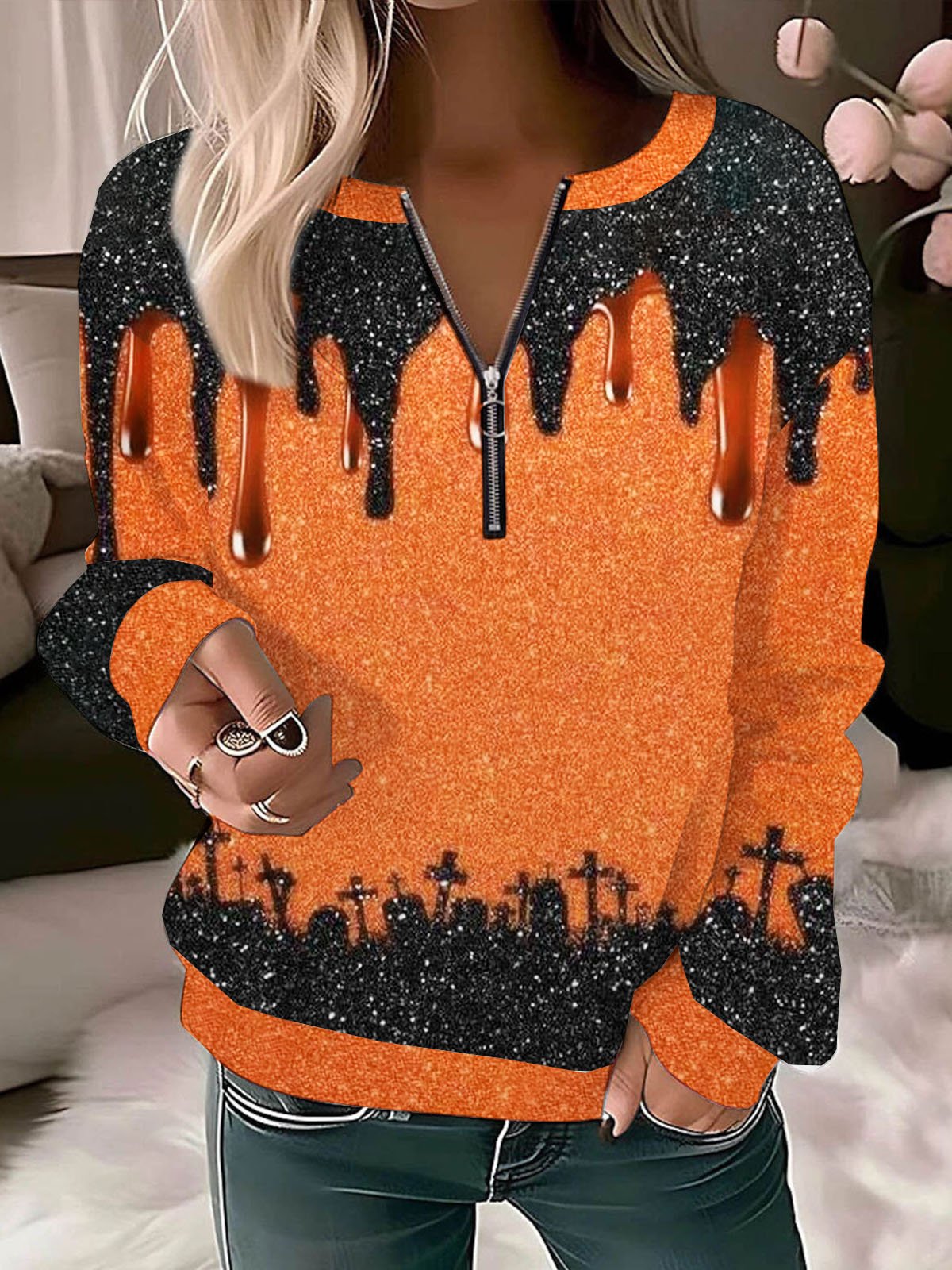 Halloween printed collar zipper casual pullover sweatshirt