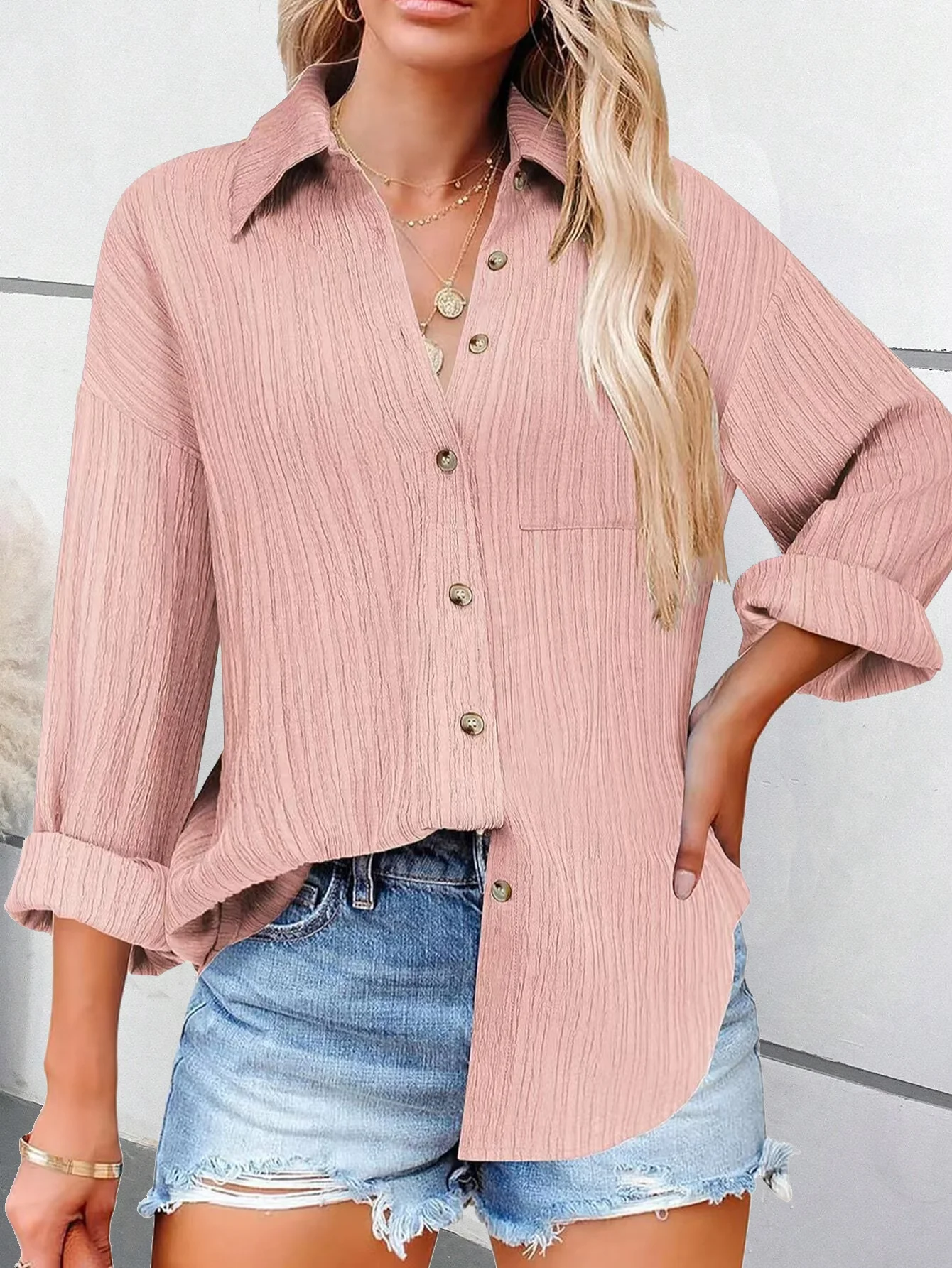 Shirred Plain Loose Casual Shirt