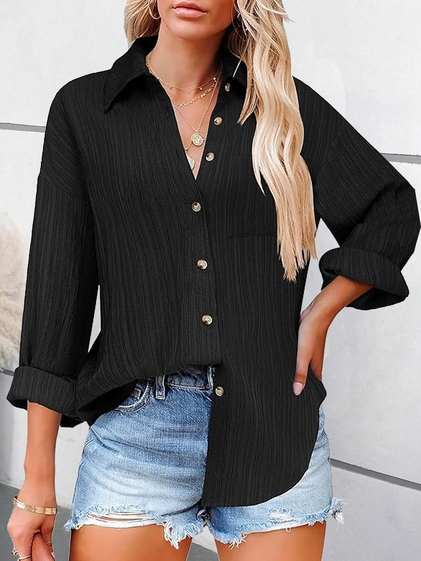 Shirred Plain Loose Casual Shirt